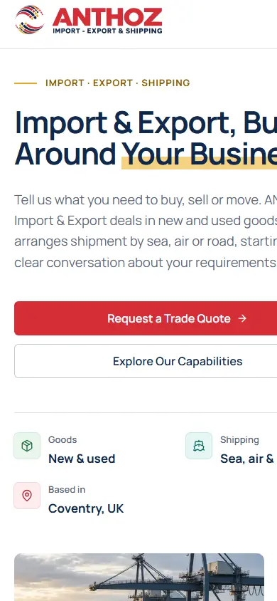ANTHOZ Import & Export website on mobile