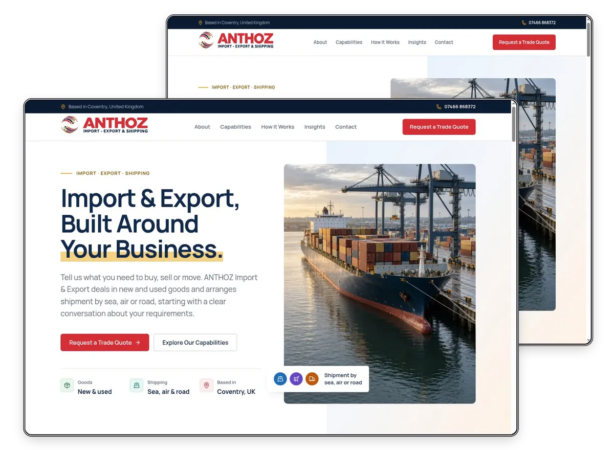 ANTHOZ Import & Export website designed and built by Exibify