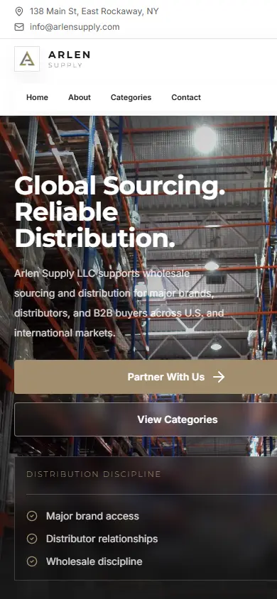 Arlen Supply LLC website on mobile