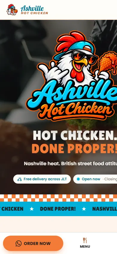 Ashville Hot Chicken website on mobile