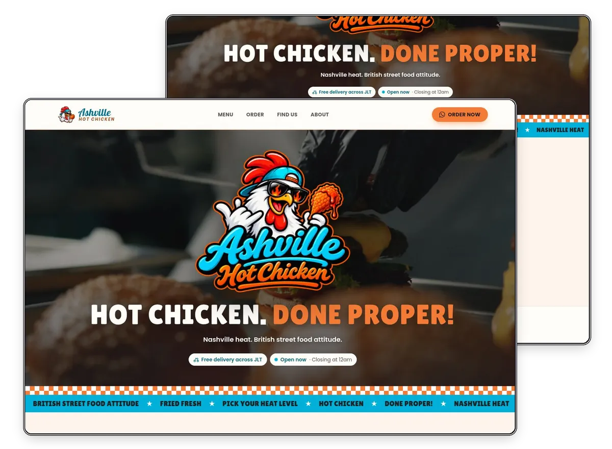 Ashville Hot Chicken website designed and built by Exibify