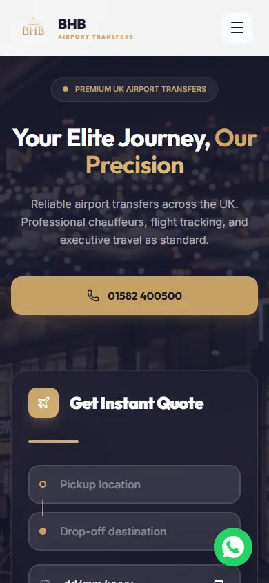 BHB Airport Transfers website on mobile