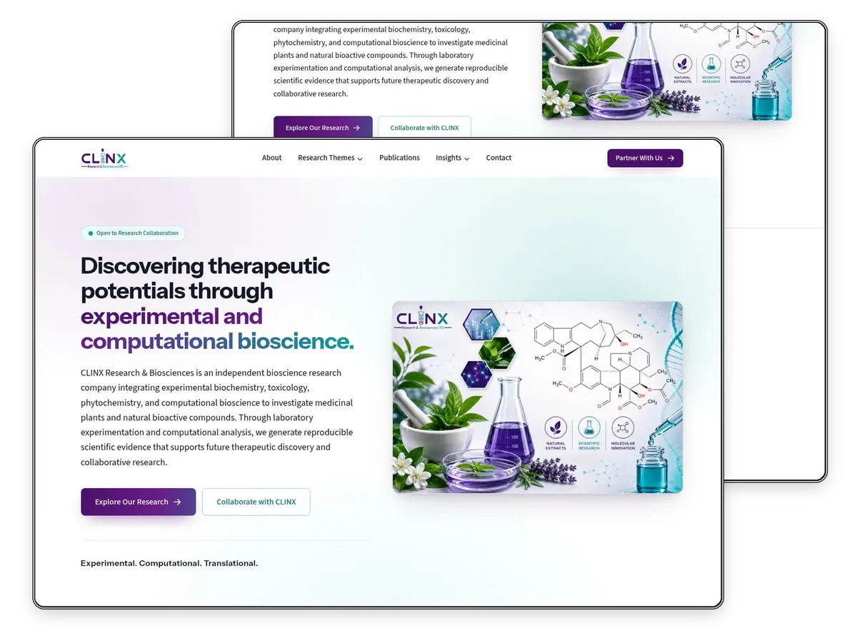 CLINX Research & Biosciences Ltd. website designed and built by Exibify