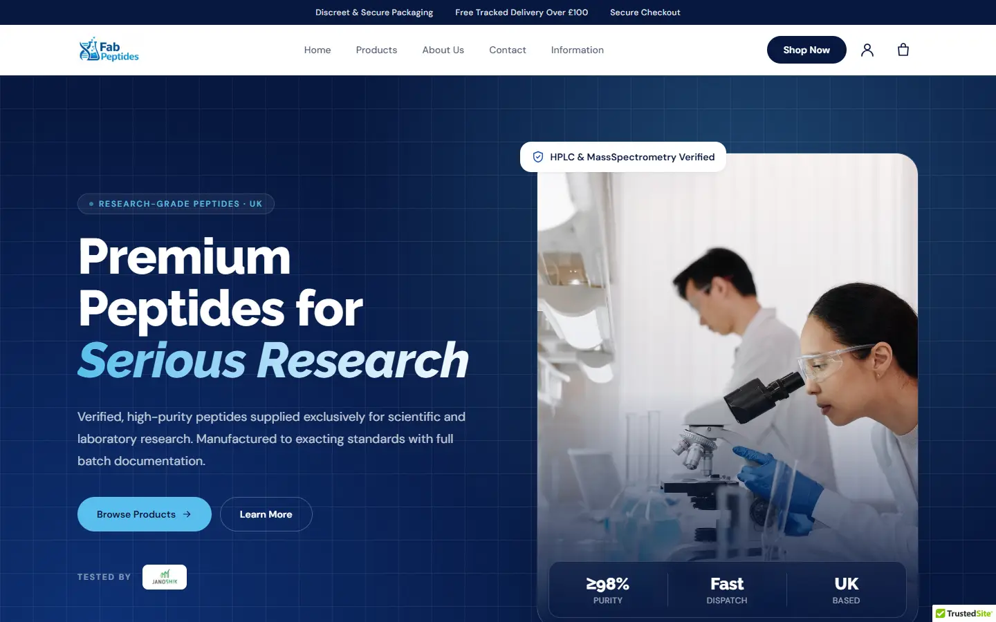 Fab Peptides homepage designed and built by Exibify