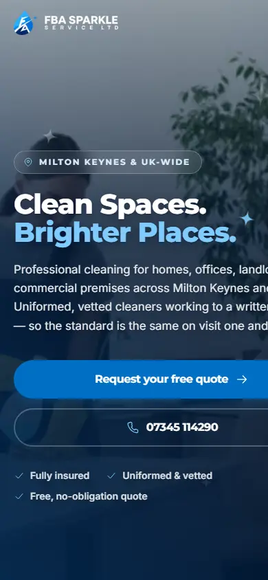 FBA Sparkle Services website on mobile