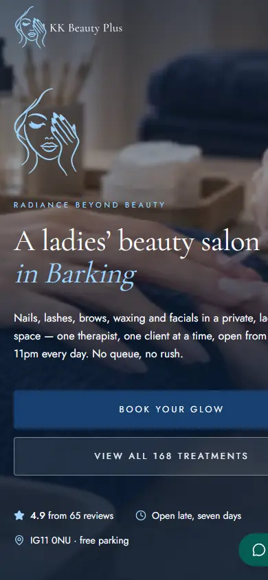 KK Beauty Plus website on mobile