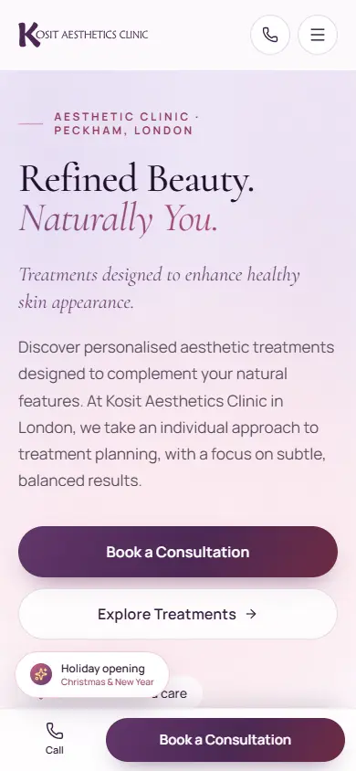 Kosit Aesthetics Clinic website on mobile