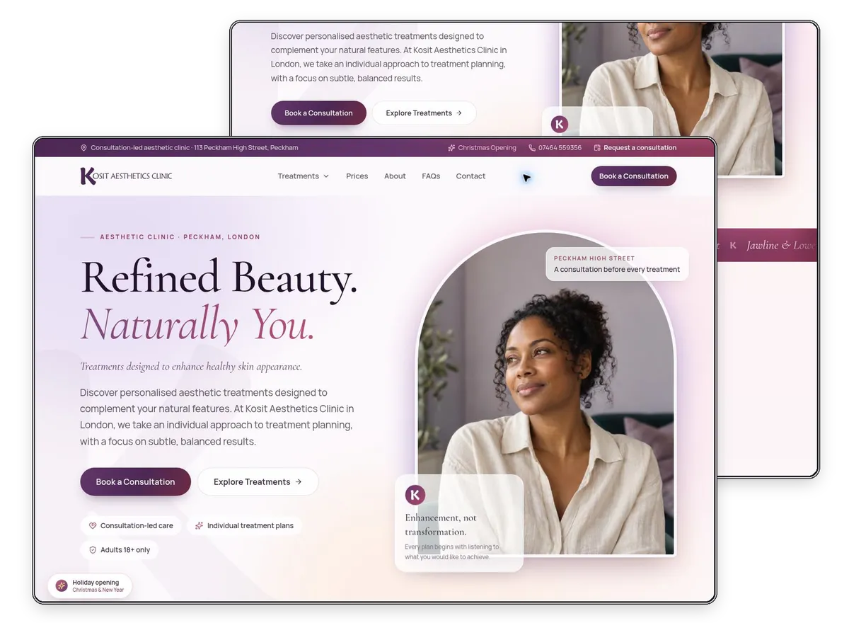 Kosit Aesthetics Clinic website designed and built by Exibify