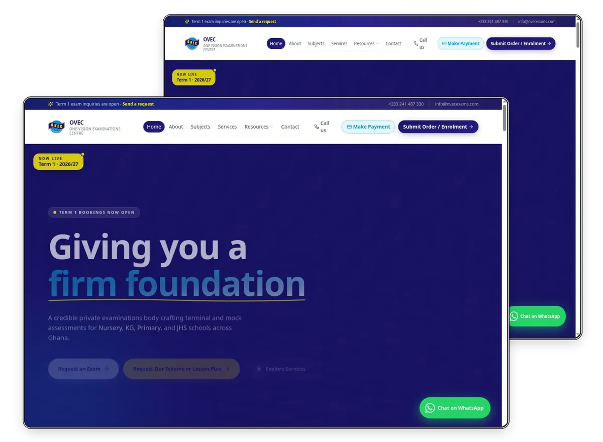OVEC Exams website designed and built by Exibify