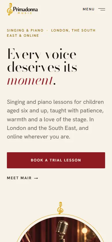 Primadonna Music website on mobile