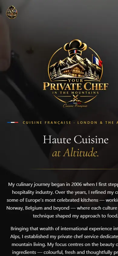 Private Chef in the Mountains website on mobile