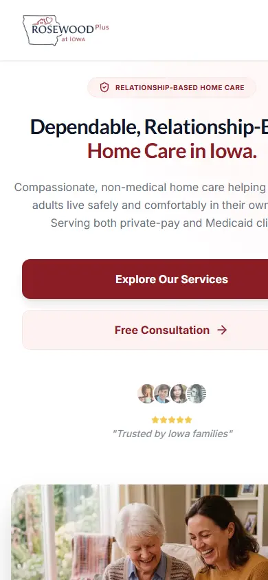 Rosewood Plus Home Care website on mobile