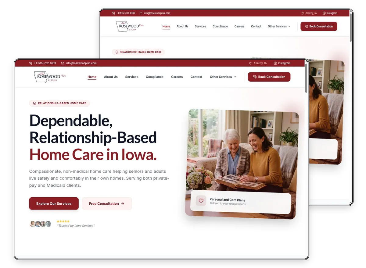 Rosewood Plus Home Care website designed by Exibify