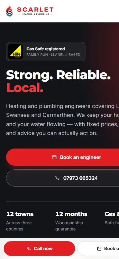 Scarlet Heating & Plumbing website on mobile