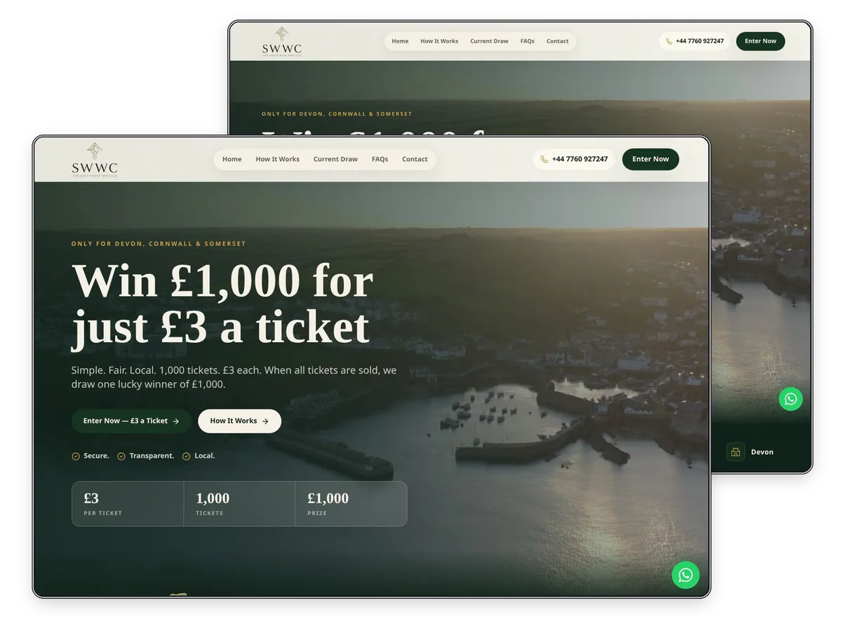 South West Win Club website designed by Exibify