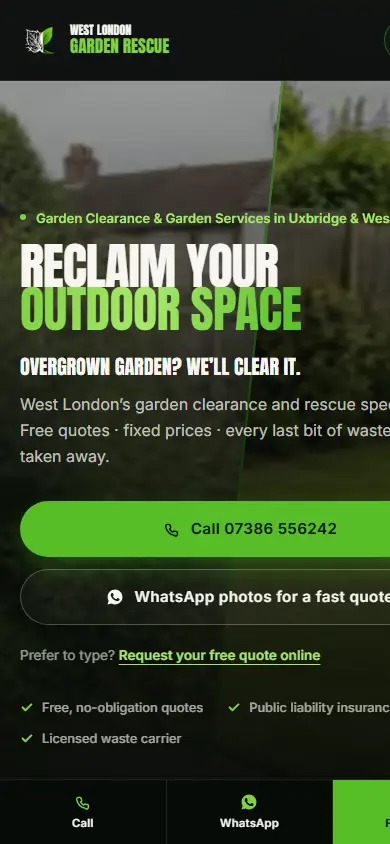 West London Garden Rescue website on mobile
